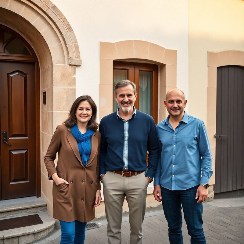 Small professional team of three outside a Sibiu townhouse in warm afternoon light