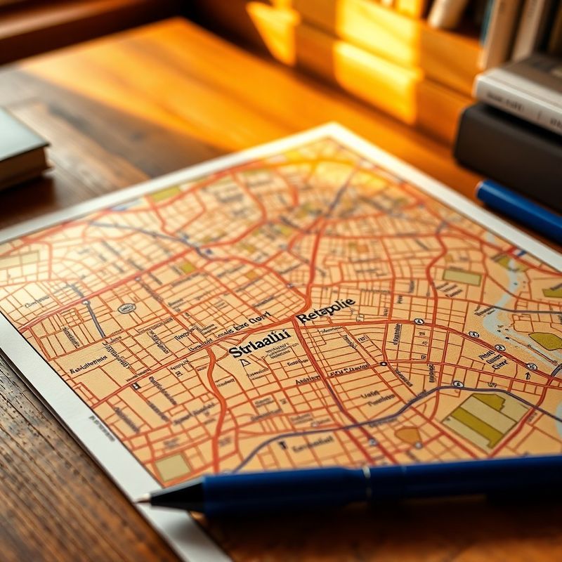Printed street map of central Sibiu marked with Strada Mitropoliei on a timber desk