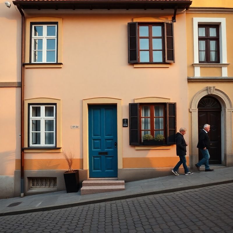 Classic Central European townhouse on a cobbled Sibiu street with an ink blue door under golden midday light