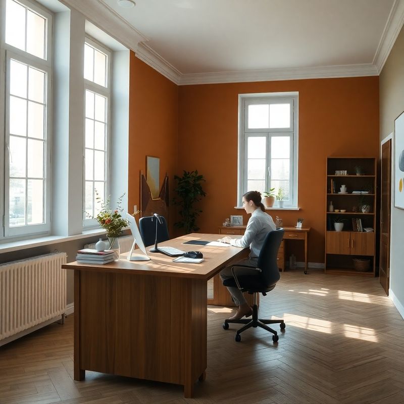 Natural-light interior of a professional practice office in Sibiu with timber desk and ochre-toned walls