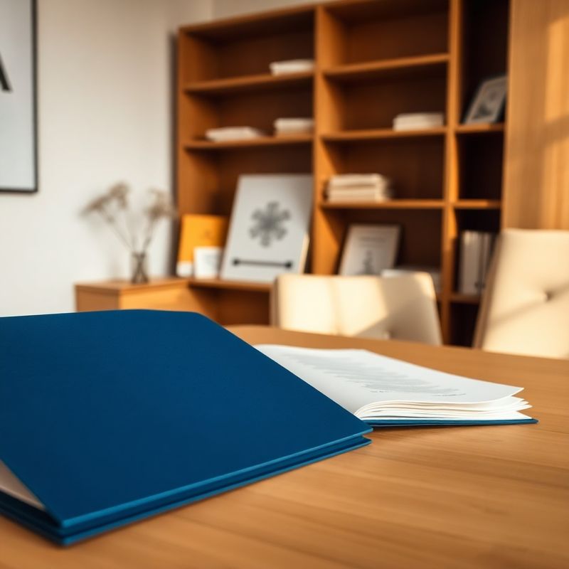 Neat professional consultation desk with an ink blue folder open in a Sibiu office