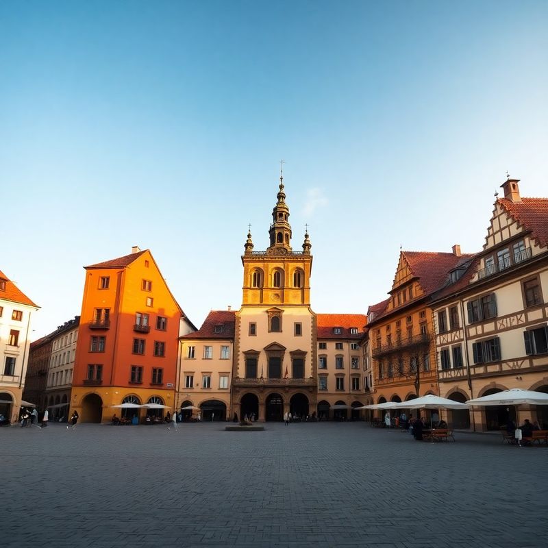 Wide photograph of Sibiu's historic centre, Piața Mare, in soft golden light